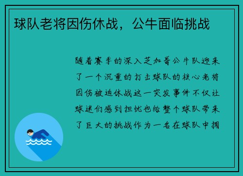球队老将因伤休战，公牛面临挑战