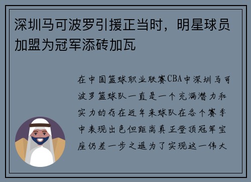 深圳马可波罗引援正当时，明星球员加盟为冠军添砖加瓦