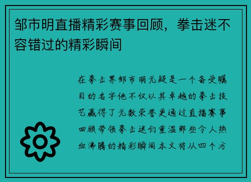 邹市明直播精彩赛事回顾，拳击迷不容错过的精彩瞬间
